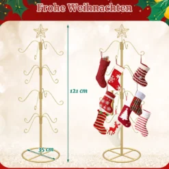 Weihnachtsstrumpfhalter Displaybaum mit 16 Haken & Sternspitze Ornament-Hängegestell Metallständer Golden
