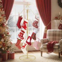 Weihnachtsstrumpfhalter Displaybaum mit 16 Haken & Sternspitze Ornament-Hängegestell Metallständer Golden