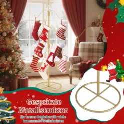 Weihnachtsstrumpfhalter Displaybaum mit 16 Haken & Sternspitze Ornament-Hängegestell Metallständer Golden