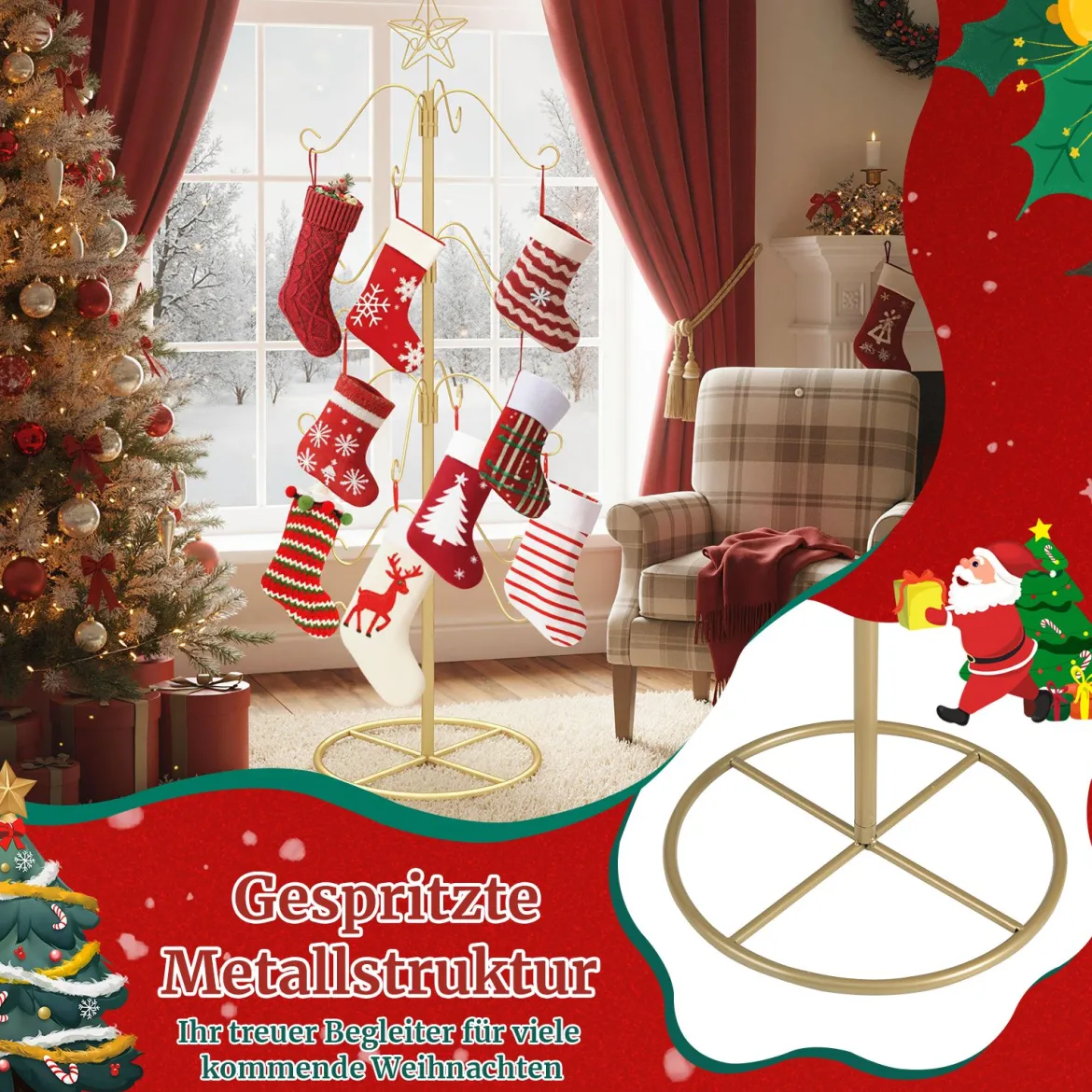 Weihnachtsstrumpfhalter Displaybaum mit 16 Haken & Sternspitze Ornament-Hängegestell Metallständer Golden