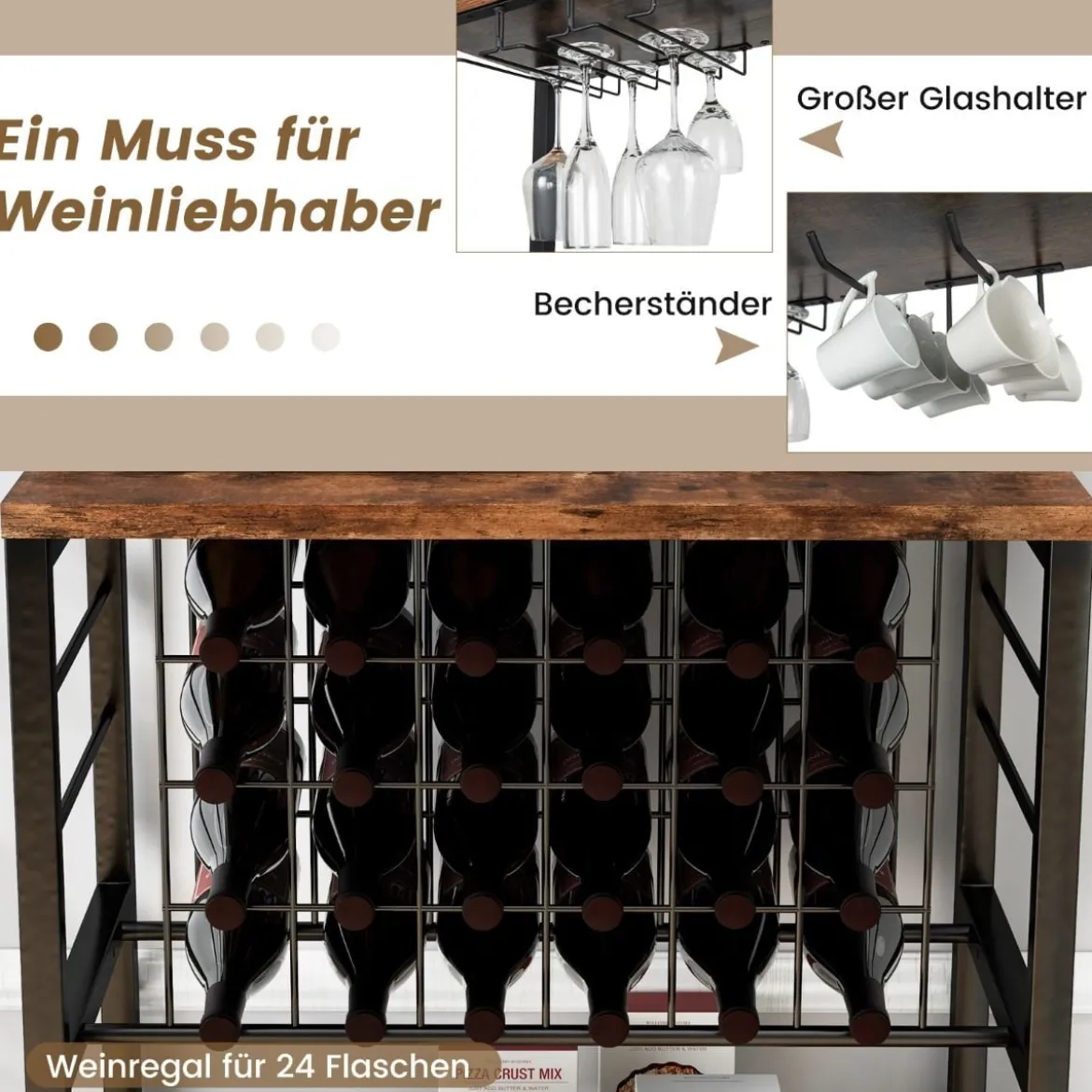 Weinbar-Schrank industrielles Weinregal mit 4 Etagen Glashaltern 76 x 48 x 162,5 cm Vintagebraun
