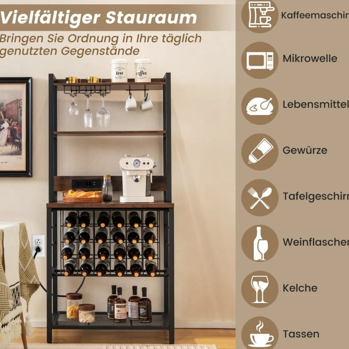 Weinbar-Schrank industrielles Weinregal mit 4 Etagen Glashaltern 76 x 48 x 162,5 cm Vintagebraun