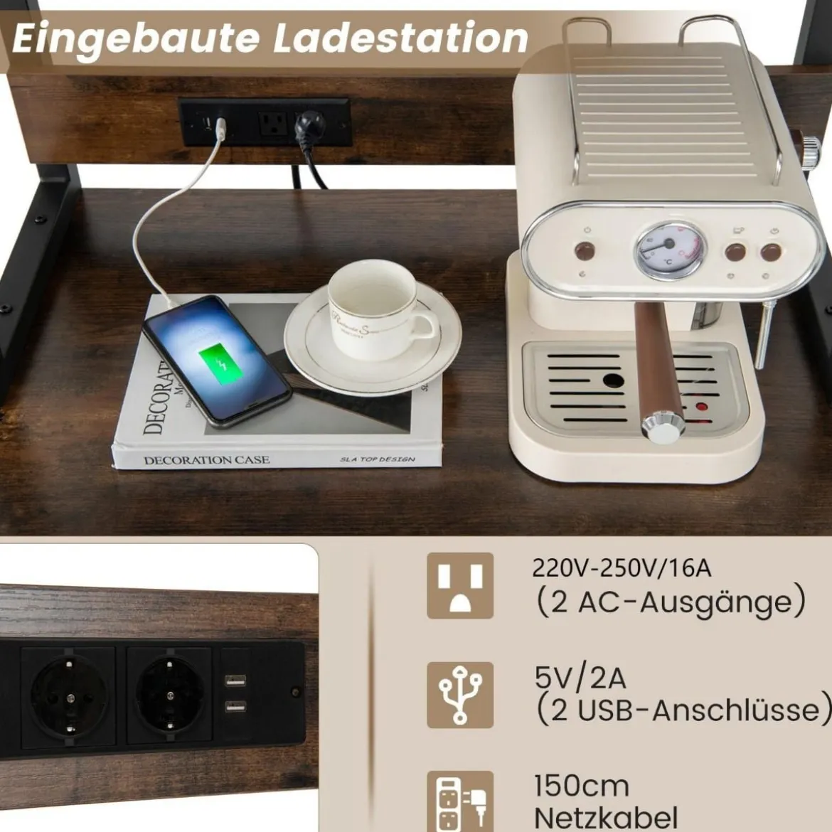 Weinbar-Schrank industrielles Weinregal mit 4 Etagen Glashaltern 76 x 48 x 162,5 cm Vintagebraun