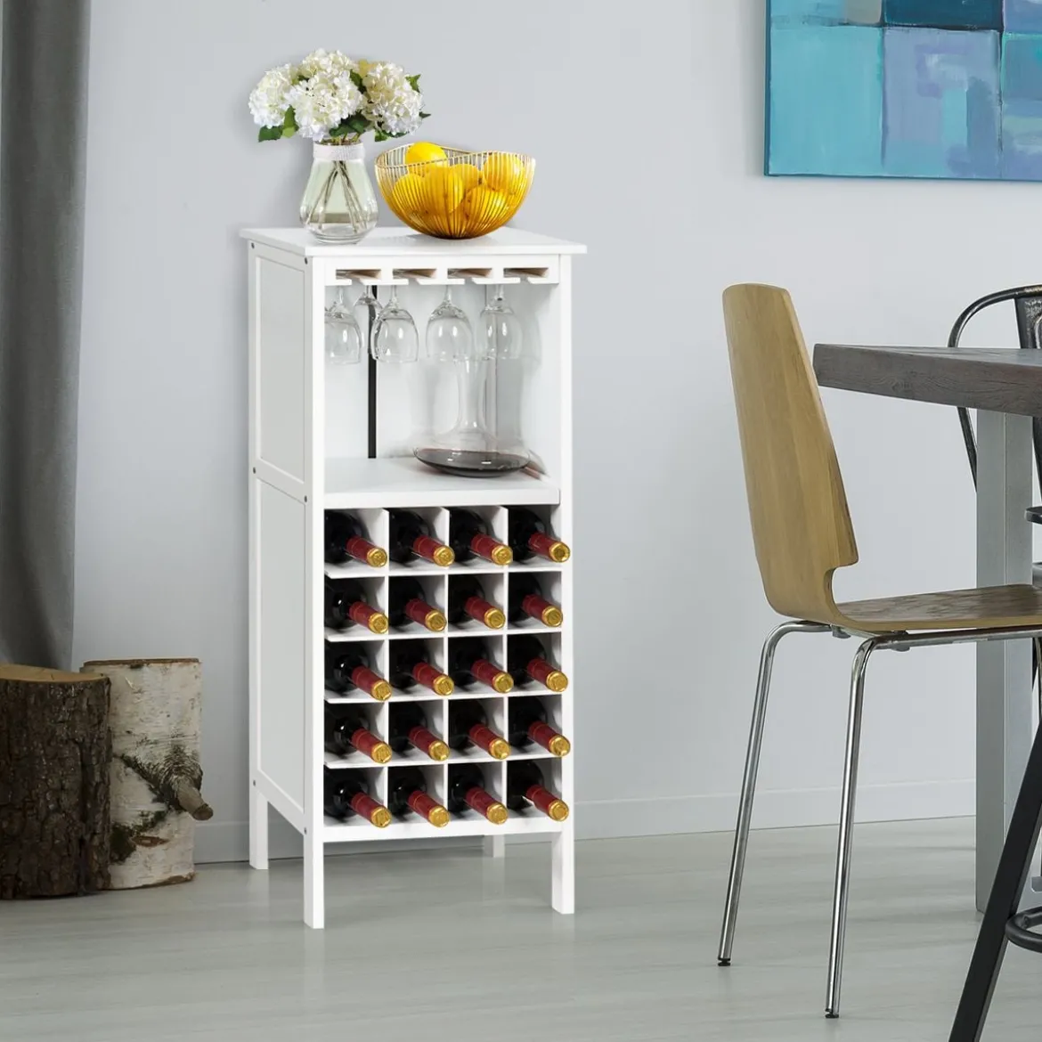 Weinregal aus Holz für 20 Flaschen mit Glasaufhänger 42 x 24,5 x 96 cm Weiß