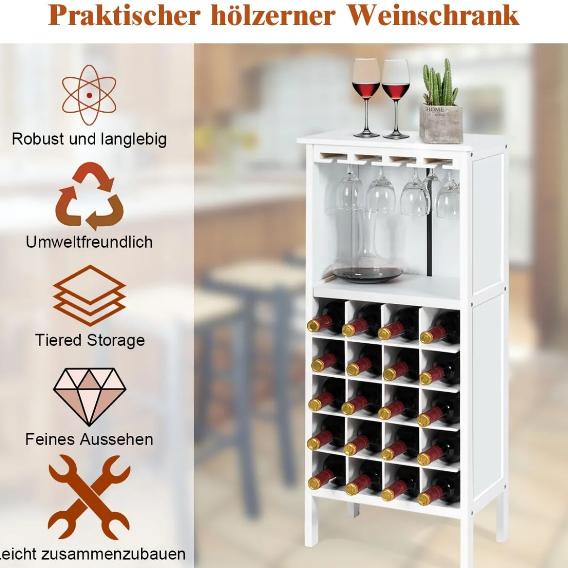 Weinregal aus Holz für 20 Flaschen mit Glasaufhänger 42 x 24,5 x 96 cm Weiß