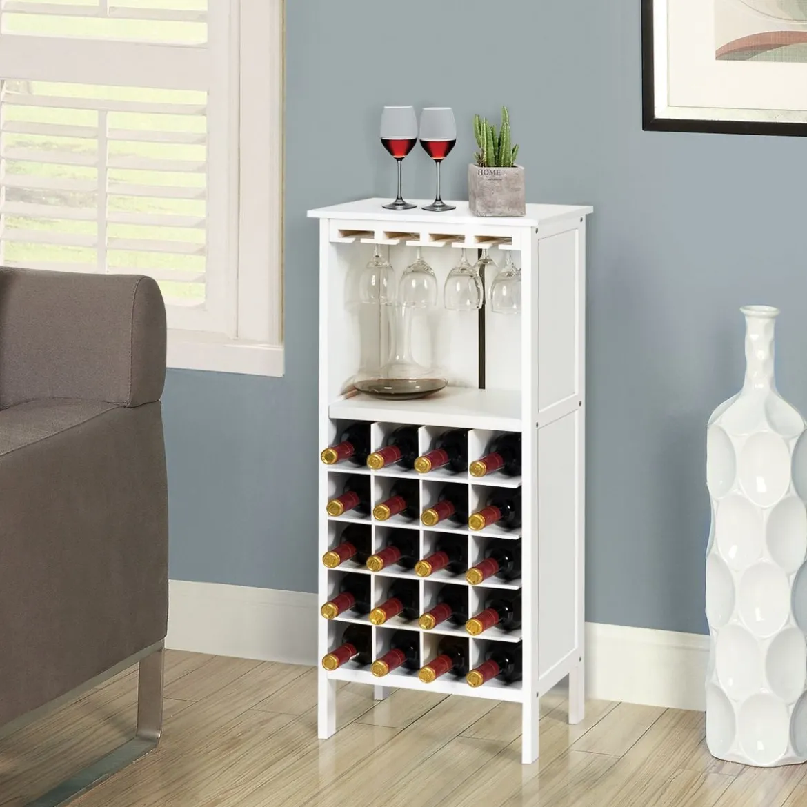 Weinregal aus Holz für 20 Flaschen mit Glasaufhänger 42 x 24,5 x 96 cm Weiß