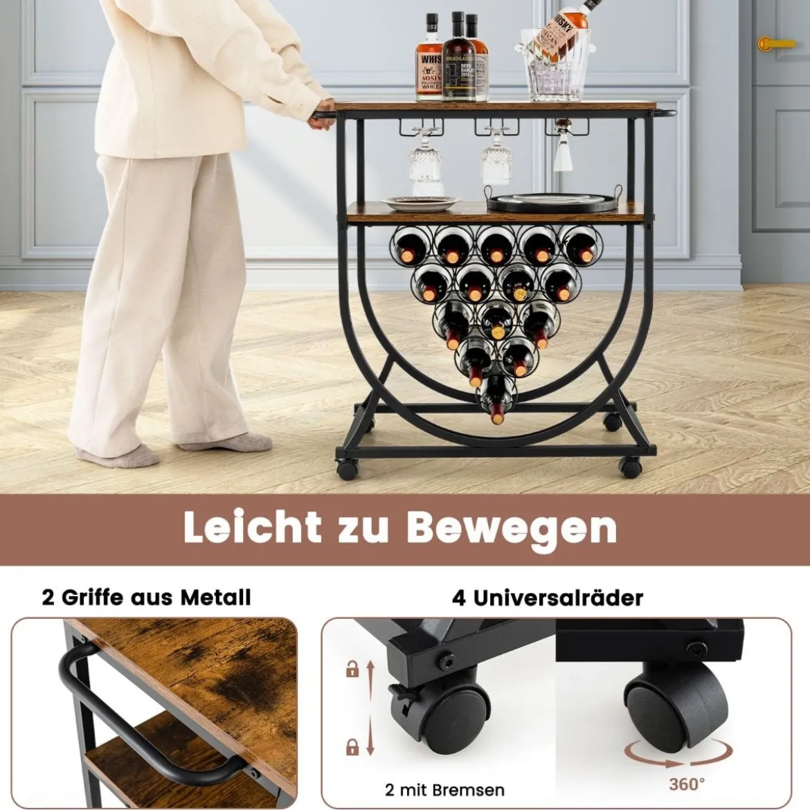 Weinregal Barwagen auf Rollen Servierwagen mit 2 Ablagen 83 x 40 x 83 cm