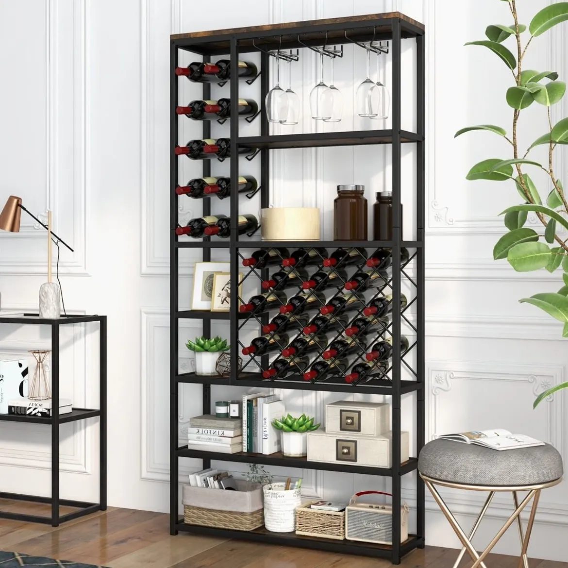 Weinregal für 27 Flaschen aus Metall mit Glashaltern Barschrank 81 x 23 x 166 cm Schwarz