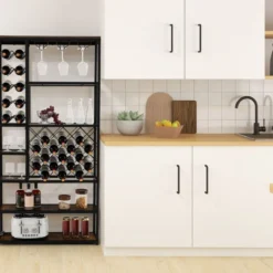 Weinregal für 27 Flaschen aus Metall mit Glashaltern Barschrank 81 x 23 x 166 cm Schwarz