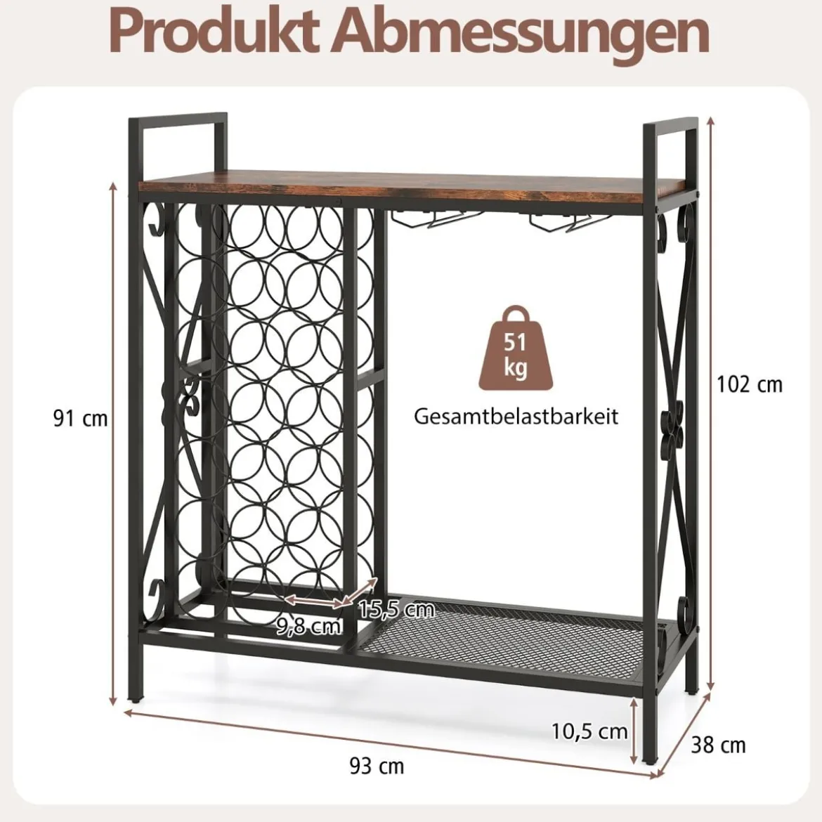 Weinregal für 21 Flaschen mit Glashalter & Tischplatte Freistehender Flaschenregal