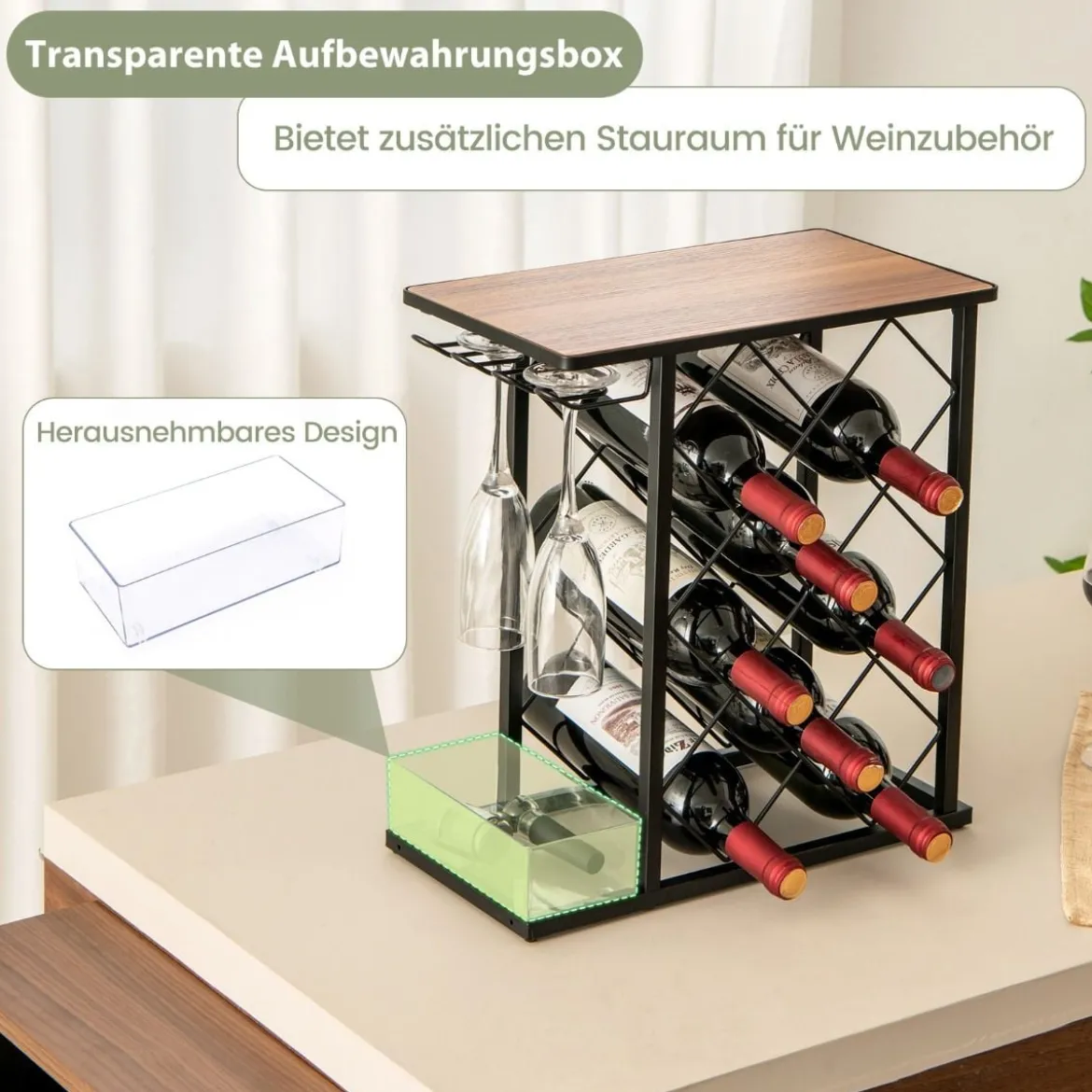 Weinregal für 8 Weinflaschen mit Aufbewahrungsbox & Tischplatte Glashalter Weinständer