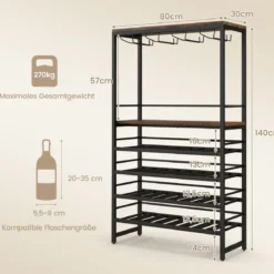 Weinregal für 32 Weinflaschen und 16 Gläser Flaschenregal freistehend Metallrahmen 80 x 30 x 140 cm