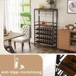 Weinregal für 32 Weinflaschen und 16 Gläser Flaschenregal freistehend Metallrahmen 80 x 30 x 140 cm