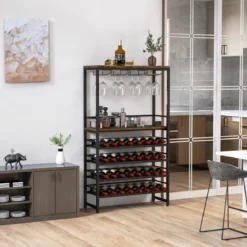 Weinregal für 32 Weinflaschen und 16 Gläser Flaschenregal freistehend Metallrahmen 80 x 30 x 140 cm