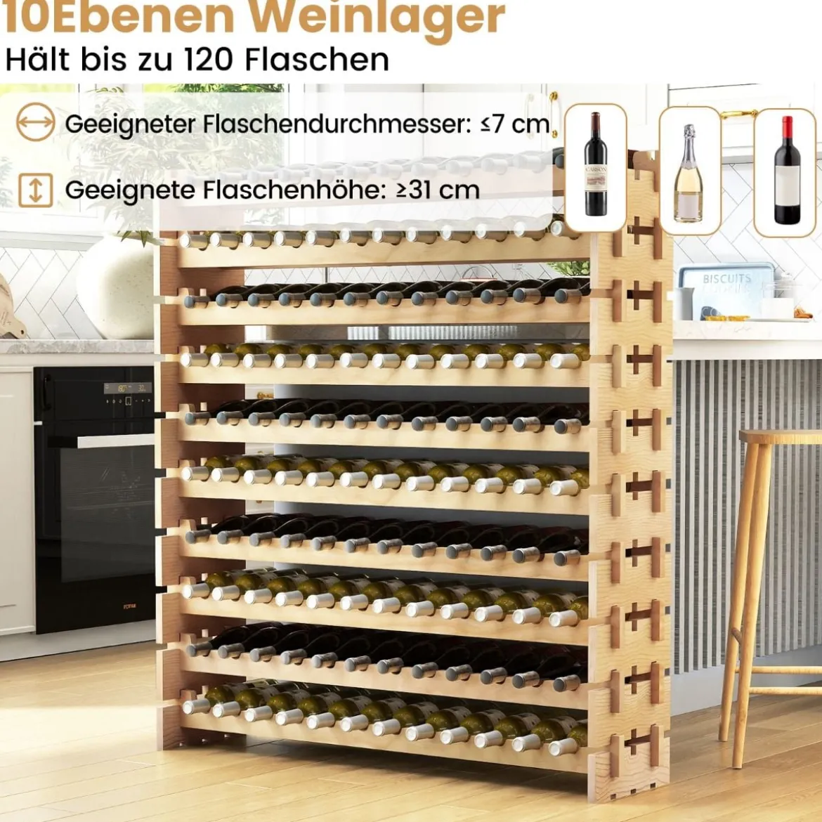 Weinregal Holz stapelbar Flaschenregal für 120 Flaschen Weinständer mit 10 Ebenen 120 x 29 x 128 cm