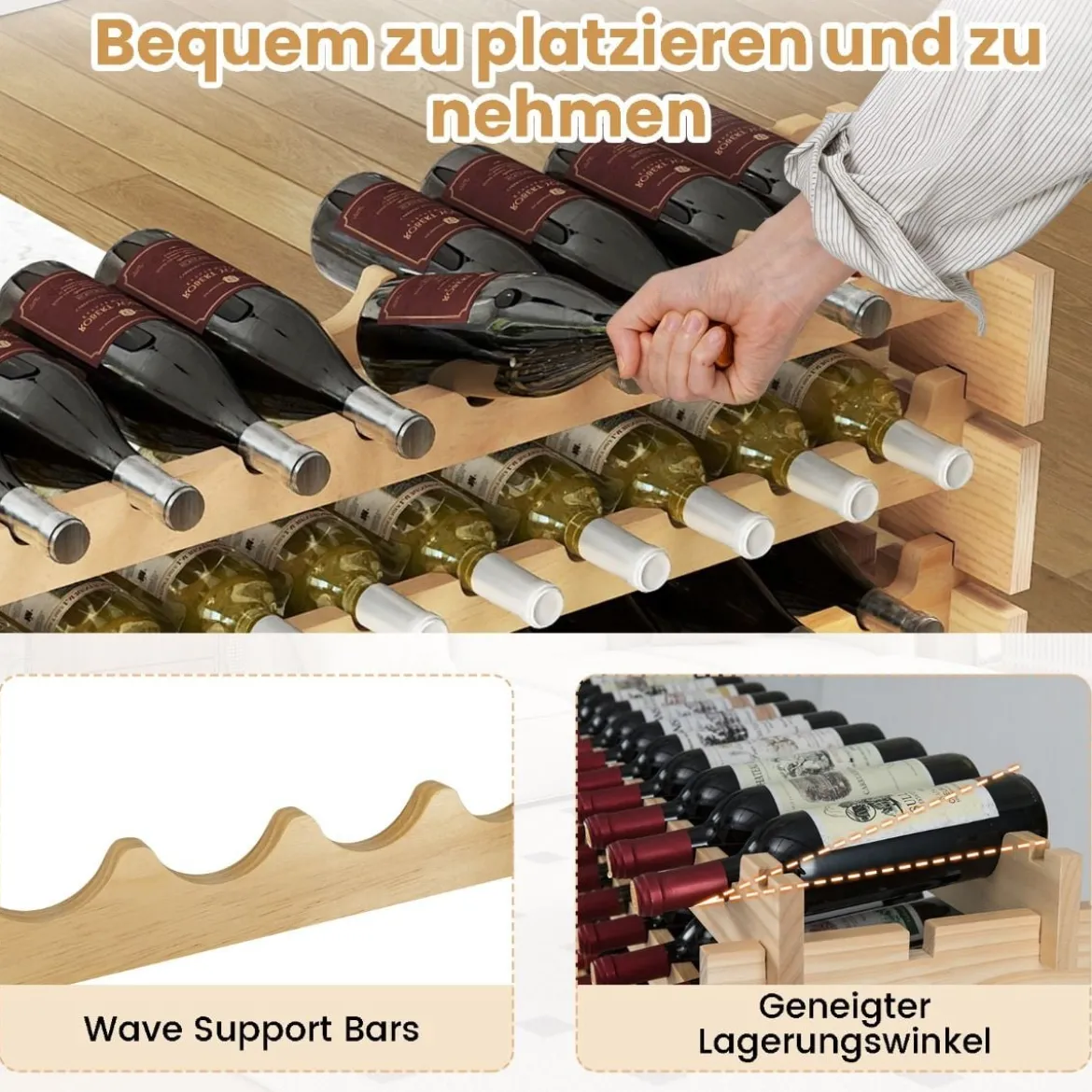Weinregal Holz stapelbar Flaschenregal für 120 Flaschen Weinständer mit 10 Ebenen 120 x 29 x 128 cm