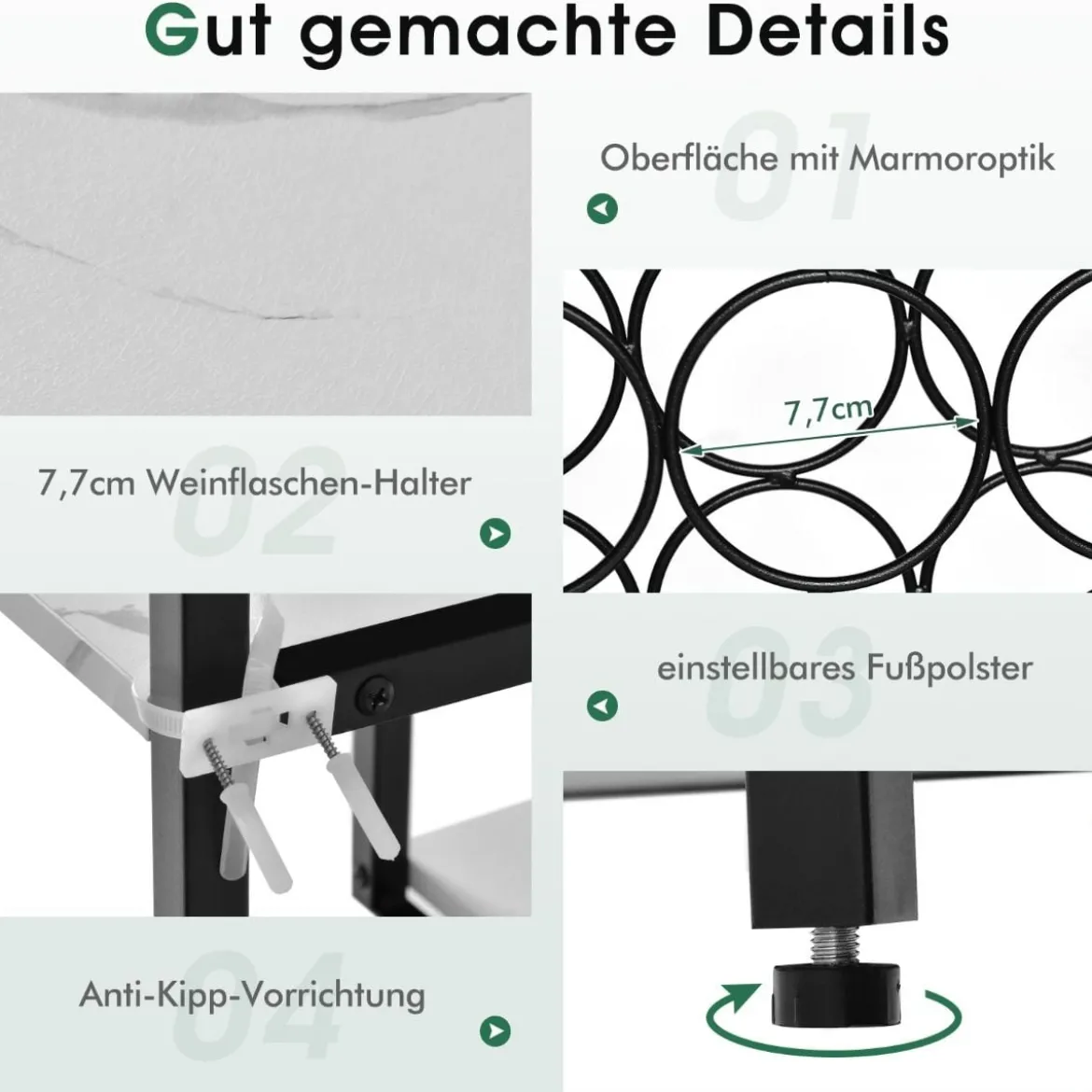Weinregal mit Glashalter & Regalen 3 Ebenen Flaschenregal für 18 Weinflaschen & 8 Gläser 120 x 40 x 91 cm Weiß