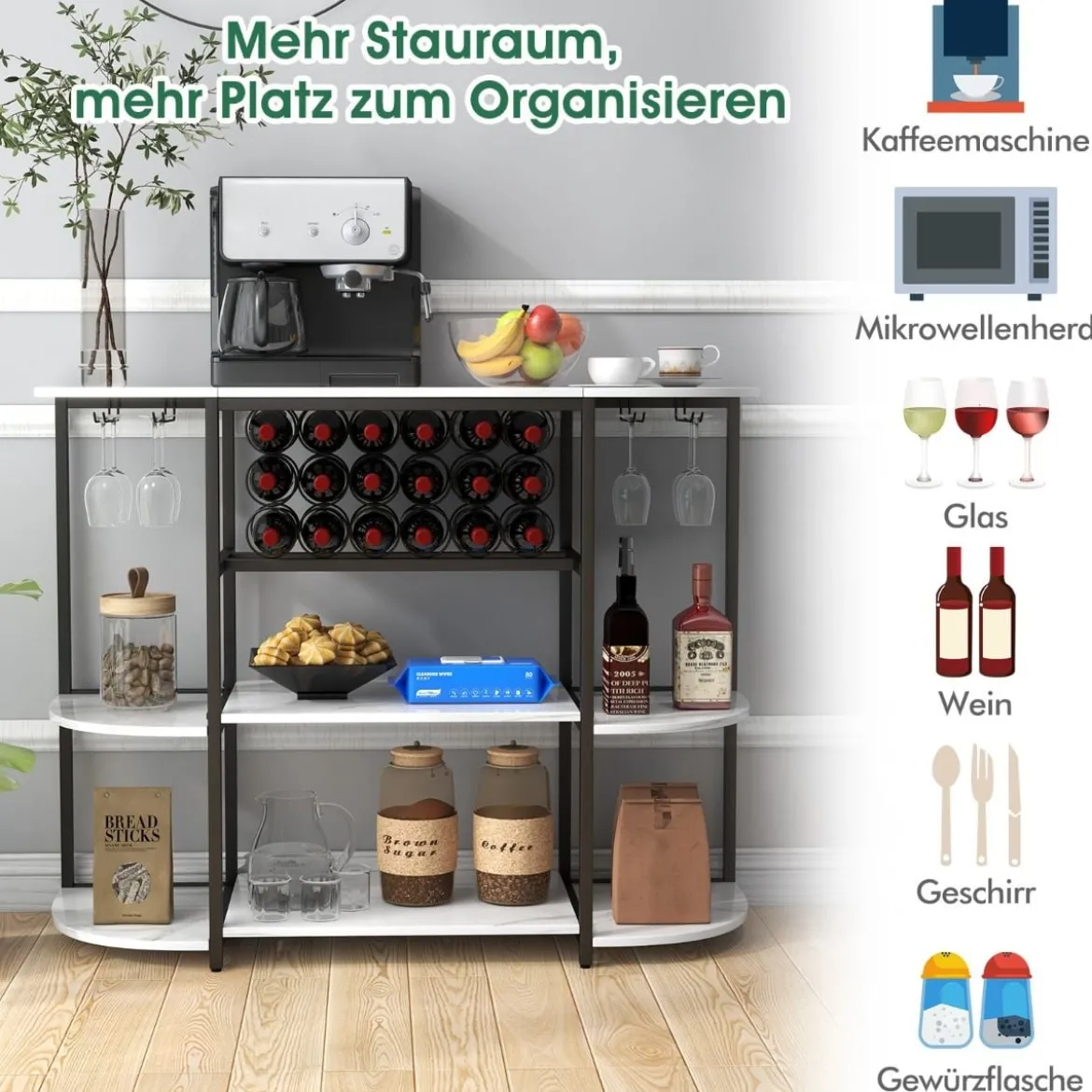 Weinregal mit Glashalter & Regalen 3 Ebenen Flaschenregal für 18 Weinflaschen & 8 Gläser 120 x 40 x 91 cm Weiß