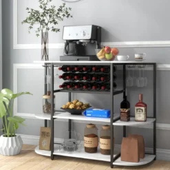 Weinregal mit Glashalter & Regalen 3 Ebenen Flaschenregal für 18 Weinflaschen & 8 Gläser 120 x 40 x 91 cm Weiß