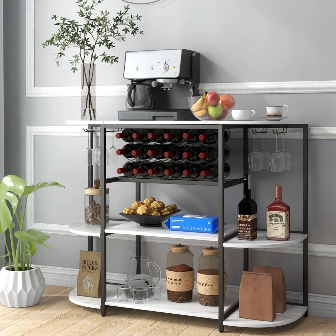 Weinregal mit Glashalter & Regalen 3 Ebenen Flaschenregal für 18 Weinflaschen & 8 Gläser 120 x 40 x 91 cm Weiß