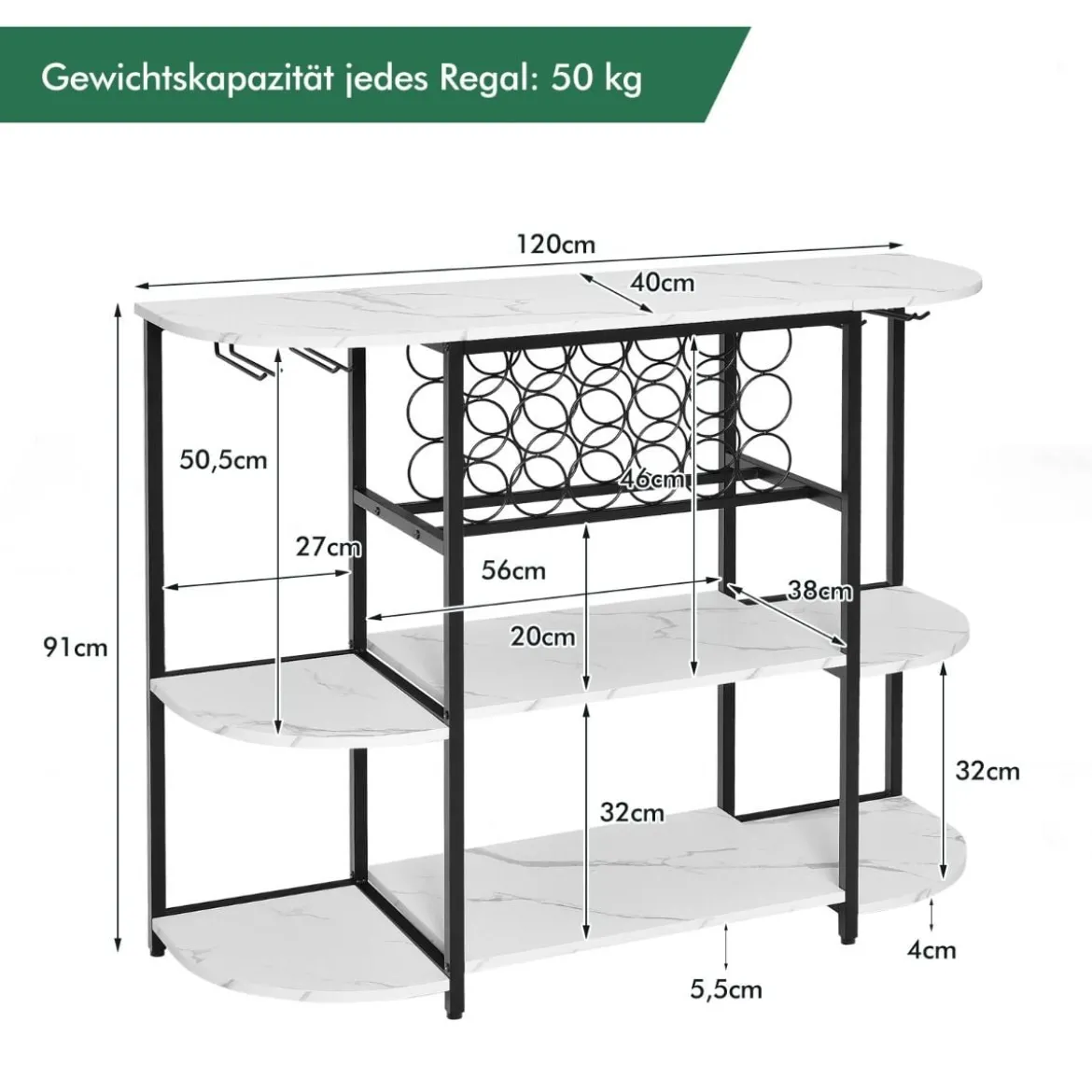 Weinregal mit Glashalter & Regalen 3 Ebenen Flaschenregal für 18 Weinflaschen & 8 Gläser 120 x 40 x 91 cm Weiß