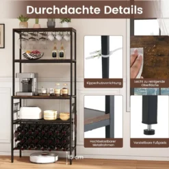 Weinregal mit Steckdose & Glas- & Tassenhaltern & 8 Haken Mikrowellenständer Rustikales Braun