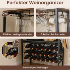 Weinregal mit Steckdose & Glas- & Tassenhaltern & 8 Haken Mikrowellenständer Rustikales Braun