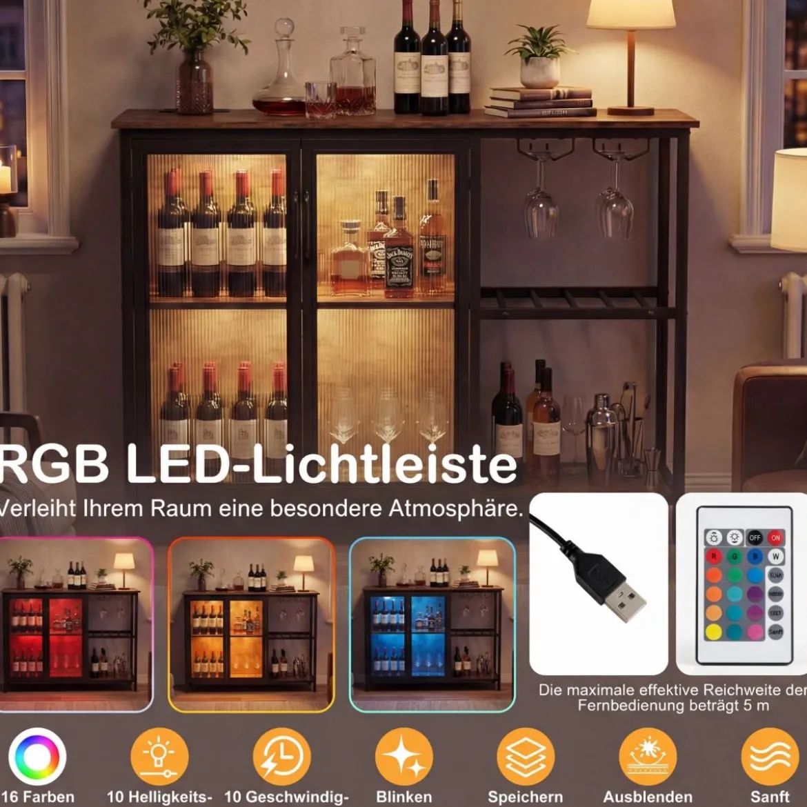 Weinschrank mit LED-Beleuchtung & Weinregalen & Glashalter & Glastür & Steckdosen Barschrank