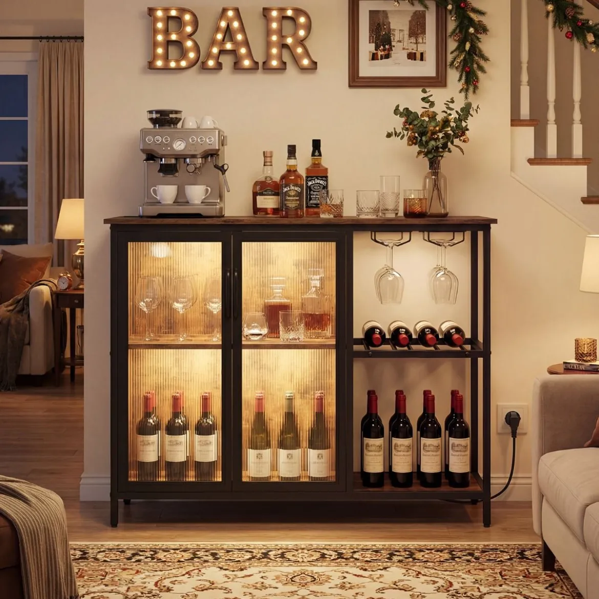 Weinschrank mit LED-Beleuchtung & Weinregalen & Glashalter & Glastür & Steckdosen Barschrank