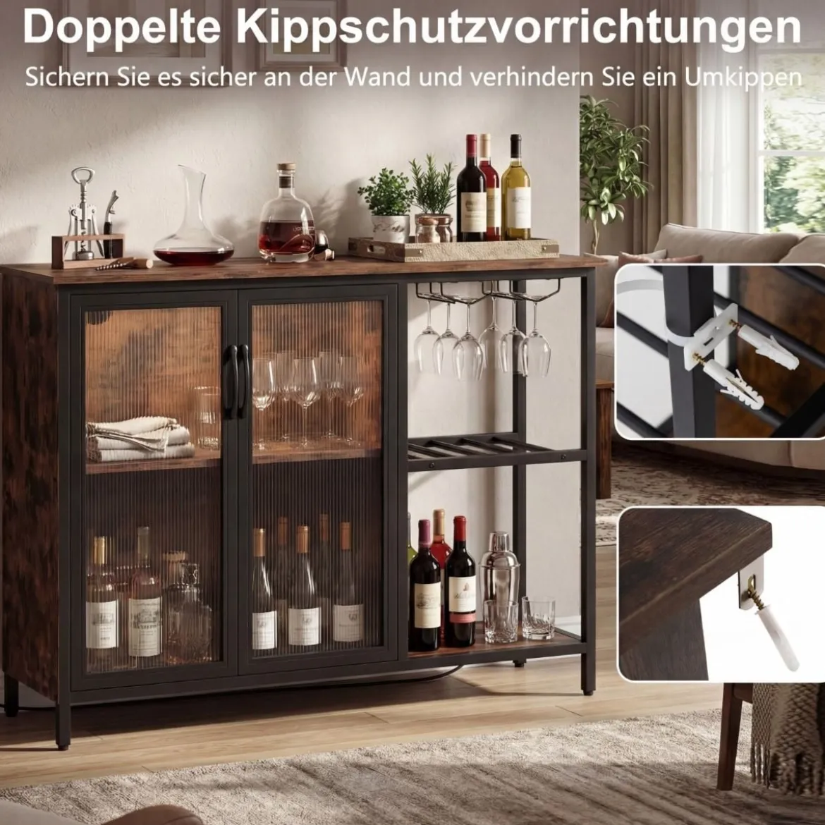 Weinschrank mit LED-Beleuchtung & Weinregalen & Glashalter & Glastür & Steckdosen Barschrank