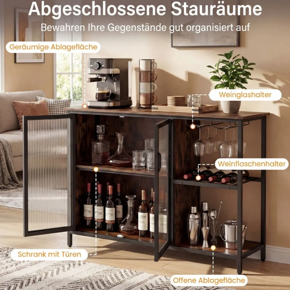 Weinschrank mit LED-Beleuchtung & Weinregalen & Glashalter & Glastür & Steckdosen Barschrank