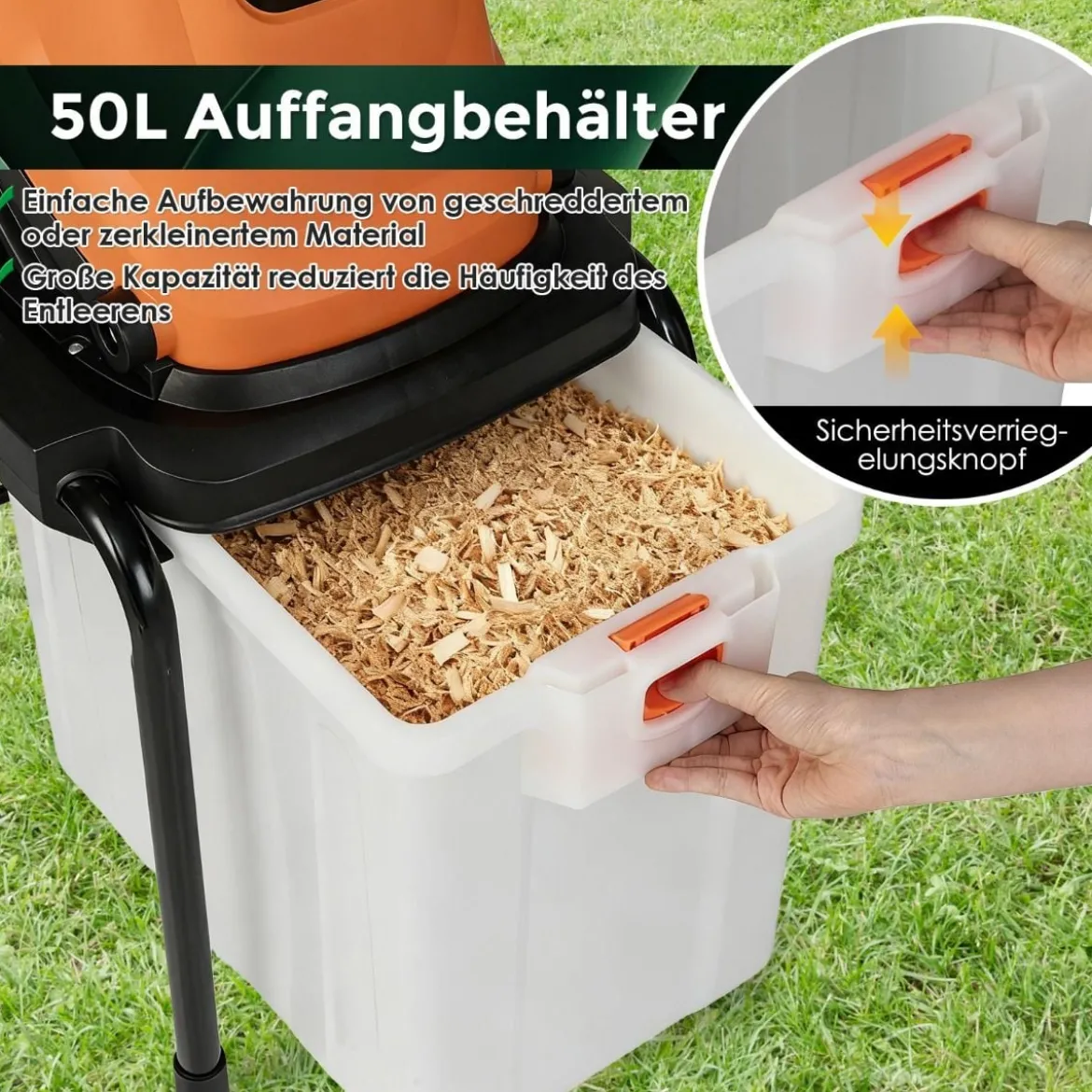 2800W Elektrischer Häcksler mit 50L Sammelbehälter Holzhäcksler Elektro Gartenhäcksler Orange