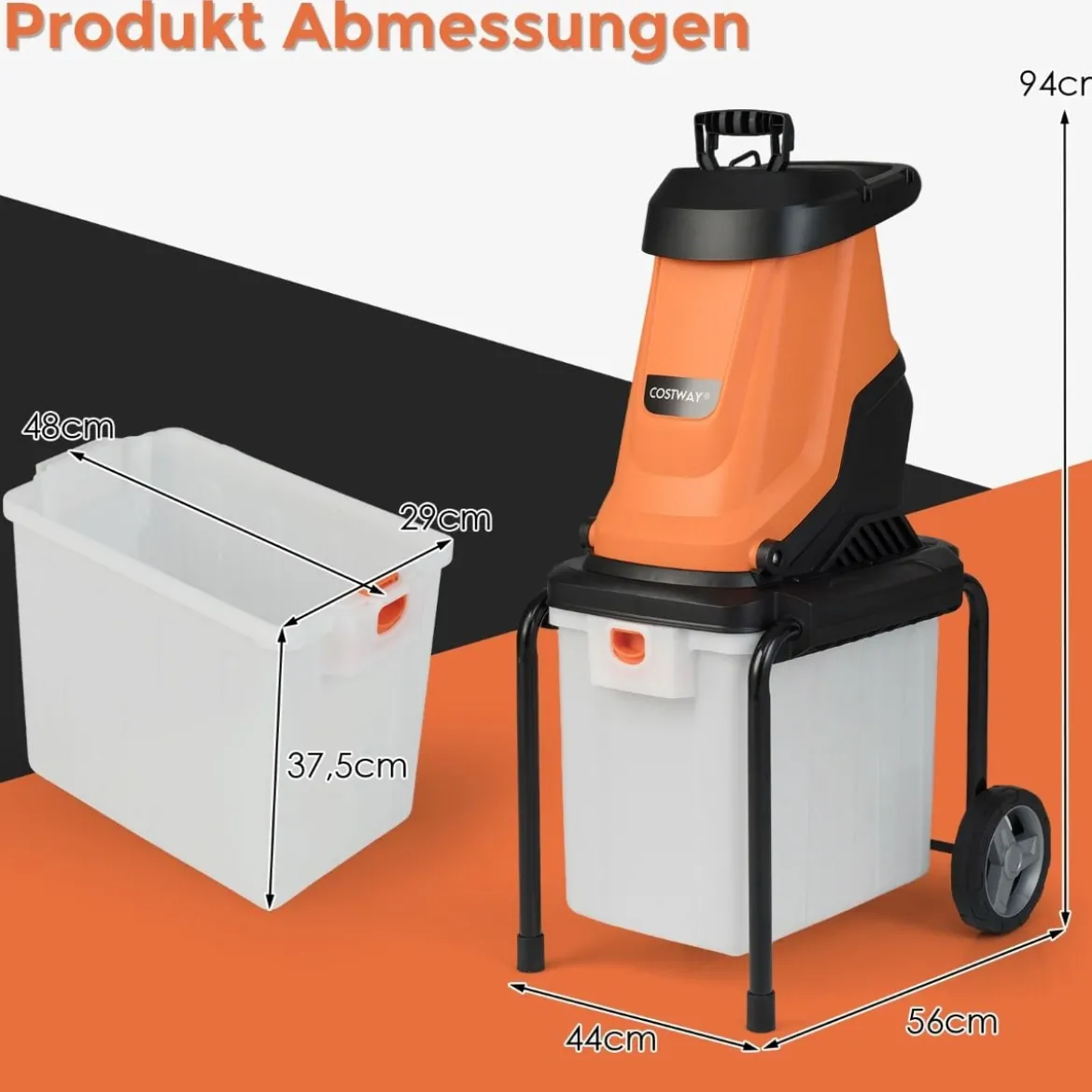 2800W Elektrischer Häcksler mit 50L Sammelbehälter Holzhäcksler Elektro Gartenhäcksler Orange