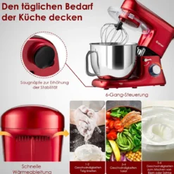 1400W Elektrischer Standmixer Küchenmaschine mit kippbarem Kopf 37 x 19 x 33 cm Rot