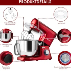 1400W Elektrischer Standmixer Küchenmaschine mit kippbarem Kopf 37 x 19 x 33 cm Rot