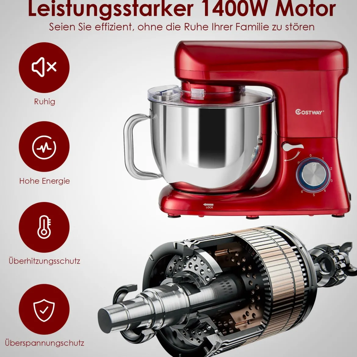 1400W Elektrischer Standmixer Küchenmaschine mit kippbarem Kopf 37 x 19 x 33 cm Rot
