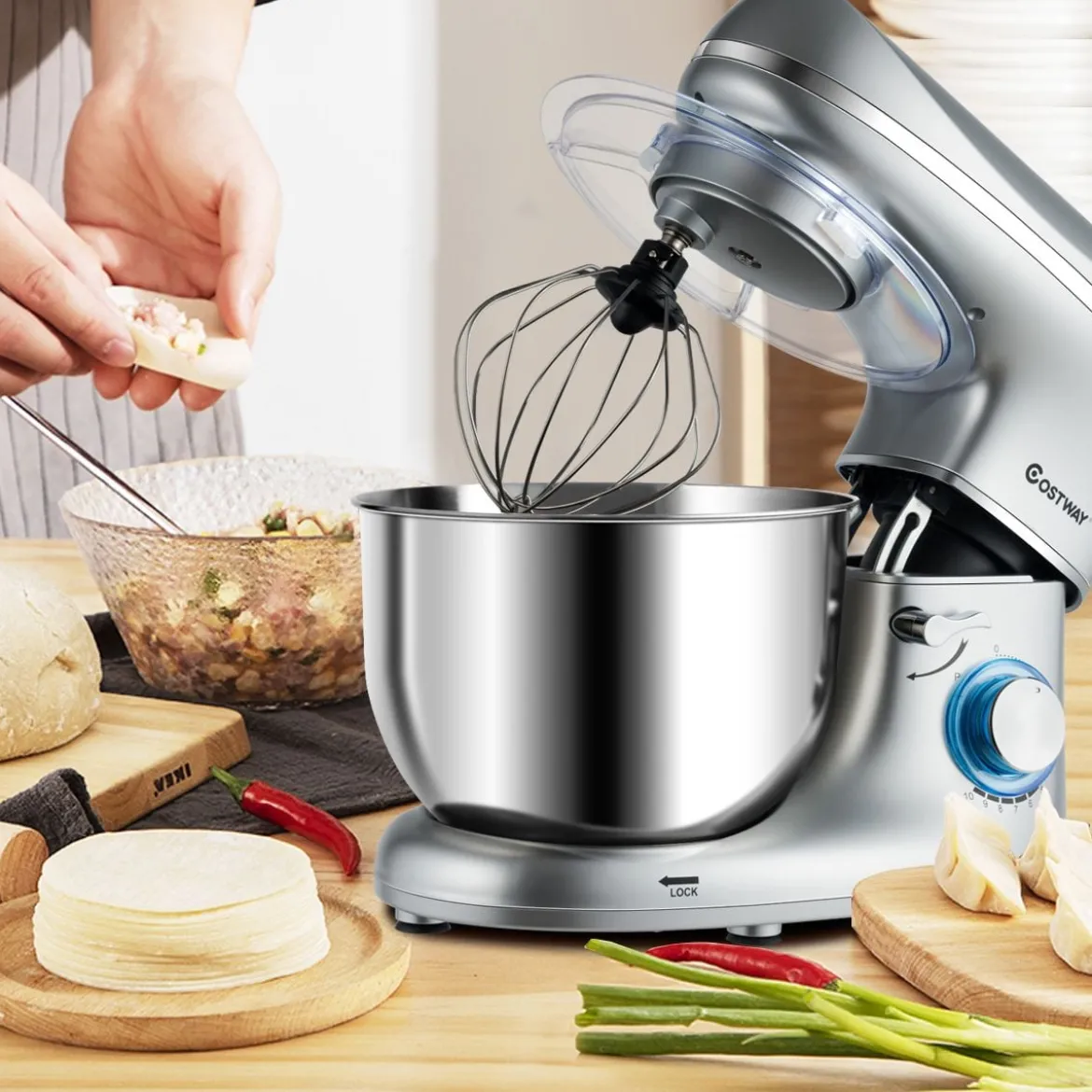 1300W Elektrischer Standmixer Rührmaschine 5,5L Küchenmaschine mit 10-stufigen Geschwindigkeit Silber