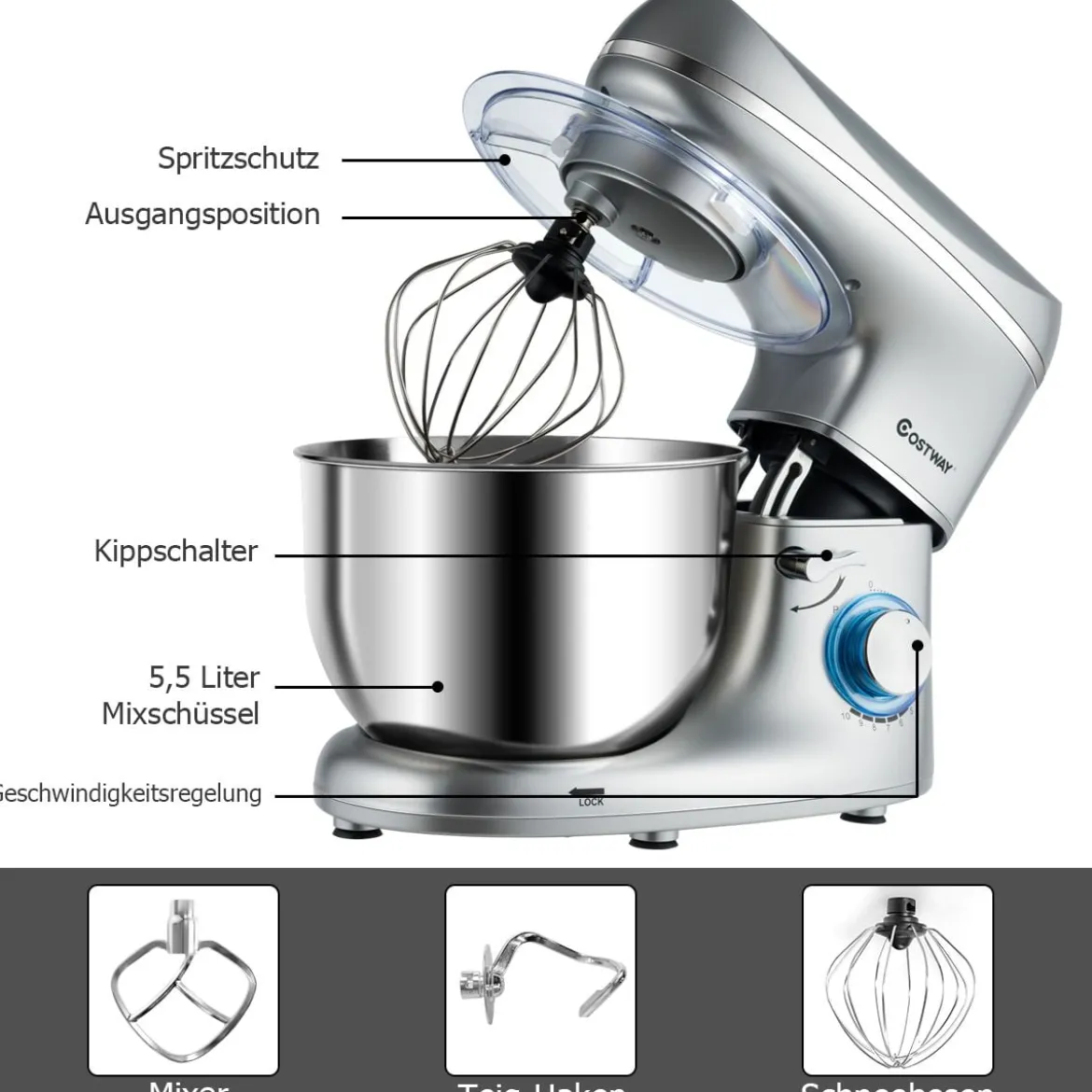 1300W Elektrischer Standmixer Rührmaschine 5,5L Küchenmaschine mit 10-stufigen Geschwindigkeit Silber