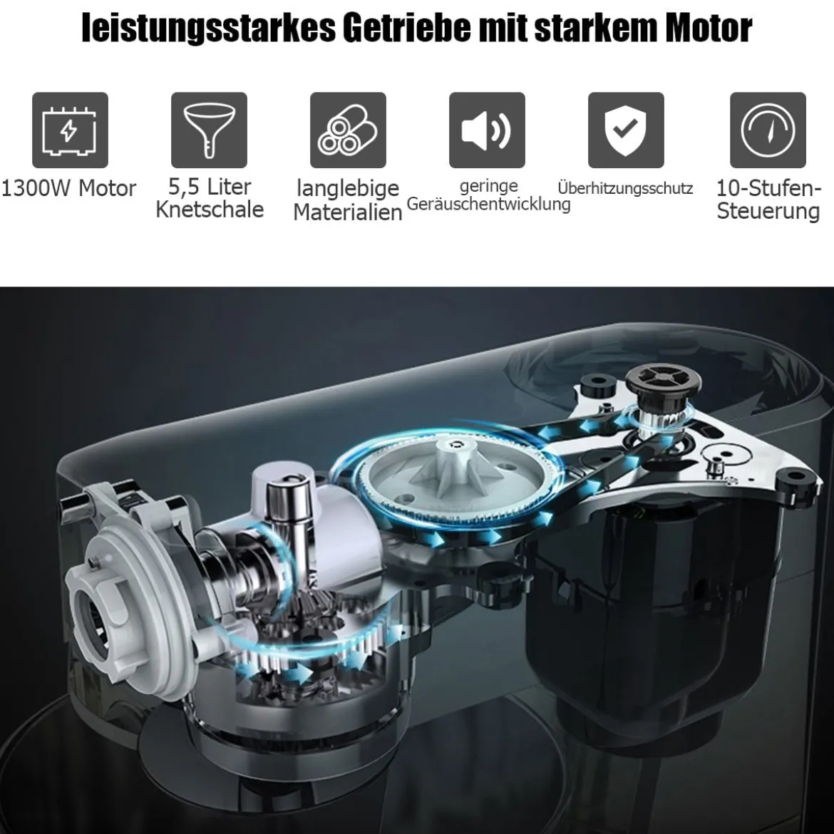 1300W Elektrischer Standmixer Rührmaschine 5,5L Küchenmaschine mit 10-stufigen Geschwindigkeit Silber