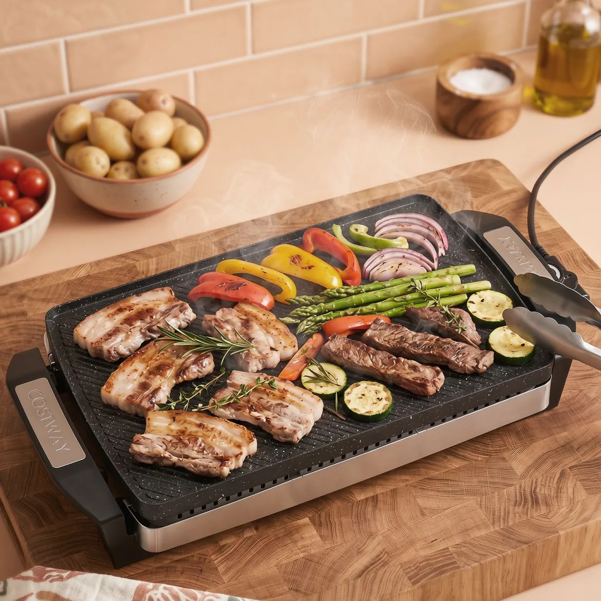 1500 W Elektrischer Tischgrill mit Wendbarer Vielseitiger Grillplatte 41 × 25 cm Schwarz