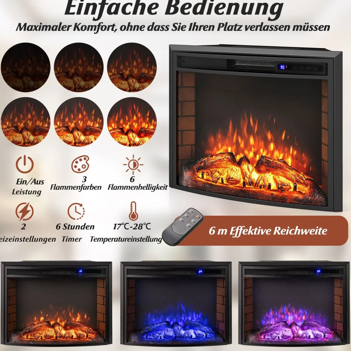 1500W Elektrokamin mit Heizung & Fernbedienung & Überhitzungsschutz Wandkamin Einbaukamin