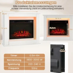 1800W Elektrokamin mit Holzrahmen 17℃-27℃ Elektrischer Kamin 6H Timer Weiß