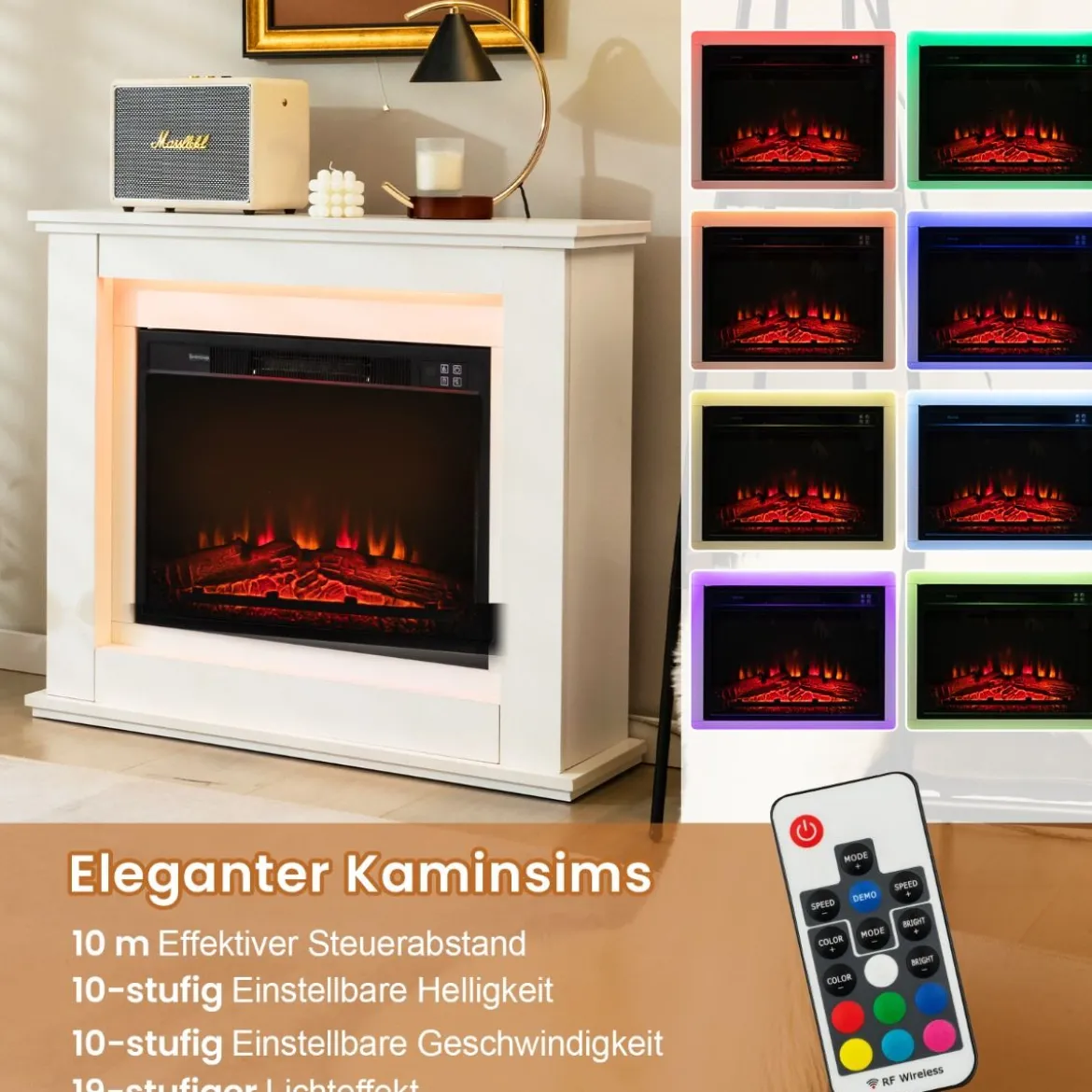 1800W Elektrokamin mit Holzrahmen 17℃-27℃ Elektrischer Kamin 6H Timer Weiß