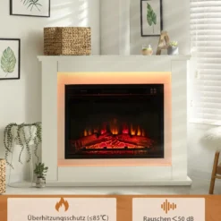 1800W Elektrokamin mit Holzrahmen 17℃-27℃ Elektrischer Kamin 6H Timer Weiß