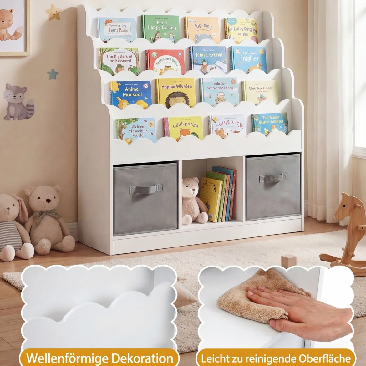 Wellenförmiges Kinder Bücherregal mit 2 Stoffschubladen & 4 Ablagen & 3 Fächern 90 x 30 x 91,5 cm