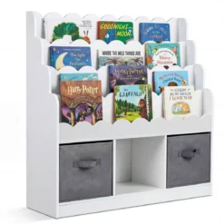 Wellenförmiges Kinder Bücherregal mit 2 Stoffschubladen & 4 Ablagen & 3 Fächern 90 x 30 x 91,5 cm
