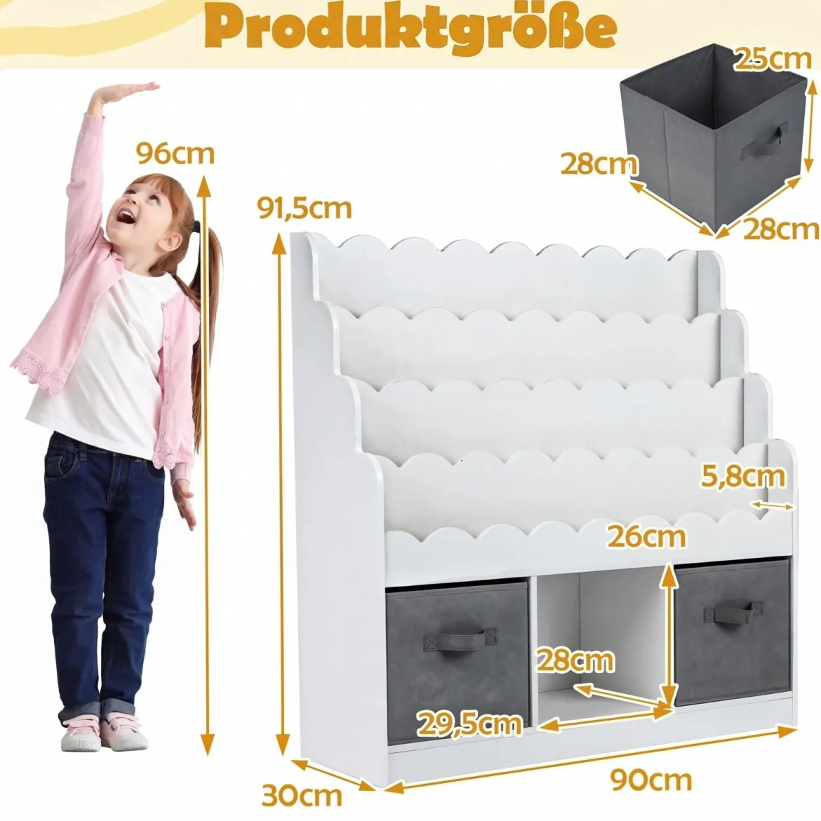 Wellenförmiges Kinder Bücherregal mit 2 Stoffschubladen & 4 Ablagen & 3 Fächern 90 x 30 x 91,5 cm