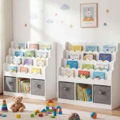 Wellenförmiges Kinder Bücherregal mit 2 Stoffschubladen & 4 Ablagen & 3 Fächern 90 x 30 x 91,5 cm