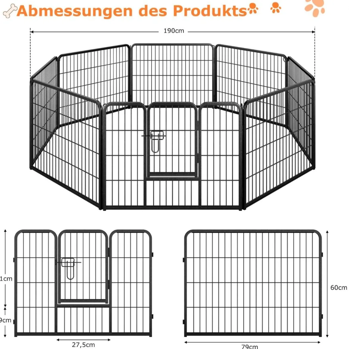 Welpenauslauf 60cm hoch 8-teilig faltbares Freilaufgehege Hundelaufstall aus Metall Schwarz