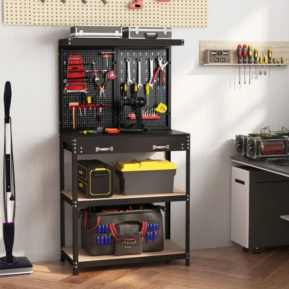 Werkbank Werkzeugbank mit Lochwand Werktisch mit Schublade 81 x 41 x 155 cm Schwarz + Rot